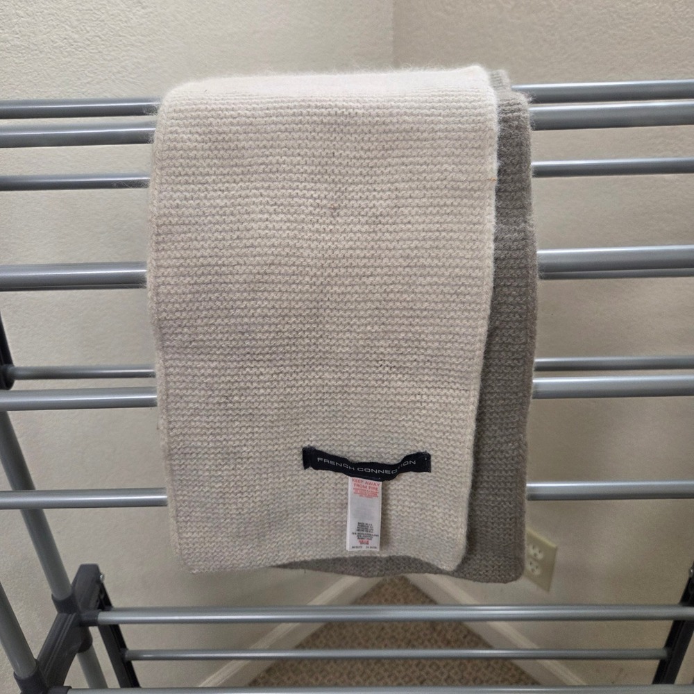 French Connection Wool Angora Knit Scarf Colorblock Beige Navy Made in UK EHC88